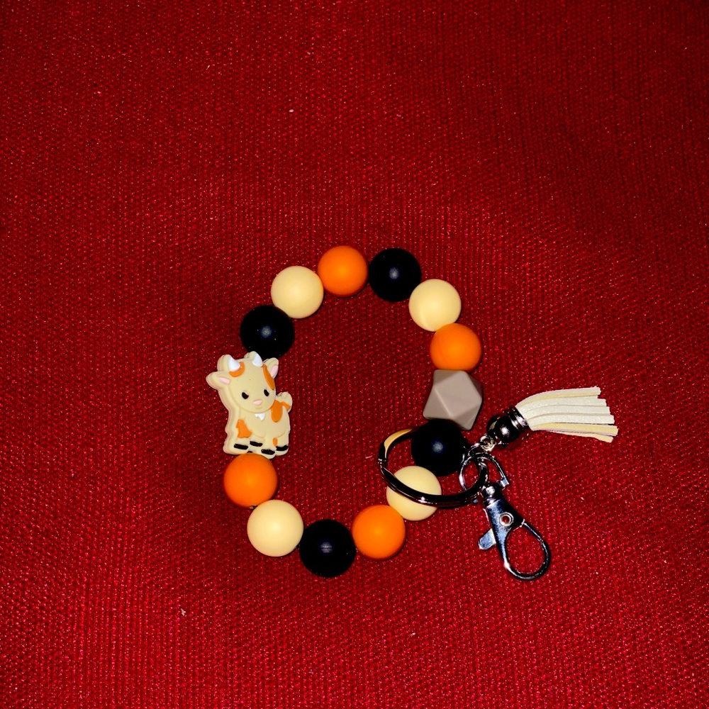 Cow silicone beaded keychain wristlet